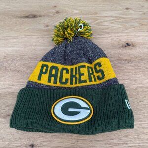 New Era Green Bay Packers Pom Beanie Knit Hat OSFM Gray Yellow NFL Fleece NWOT